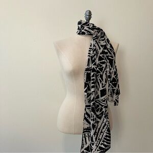 VTG Casca Batik Style Print Silk Scarf Rectangle White Black 13in X 55in Boho
